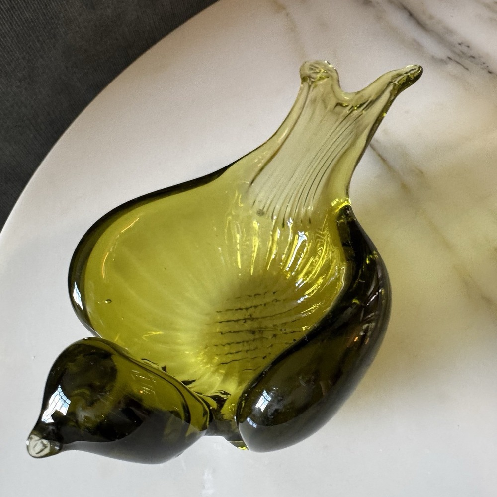 Vintage 1960s Olive Green Art Glass Bird Swan Trinket Dish MCM Mod Birds Boho